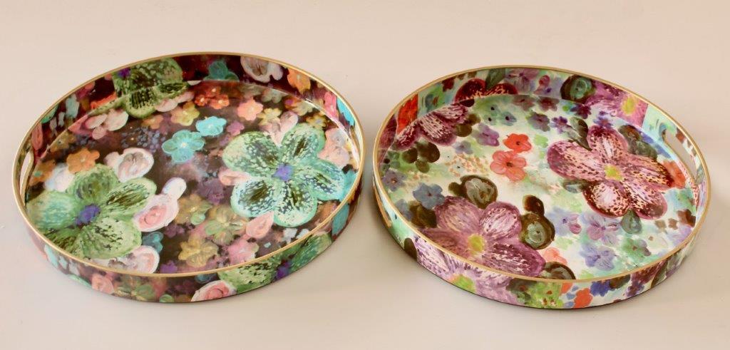 Set Of 2 Round Floral Trays